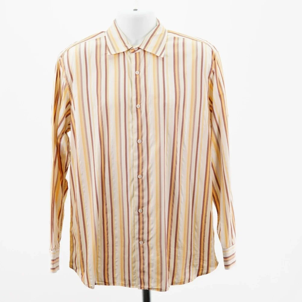 Banana Republic Yellow Striped Men's Large Cotton Collared Dress Shirt Long Slee